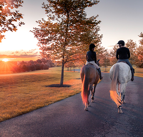 two people horse back riding near a fall sunset