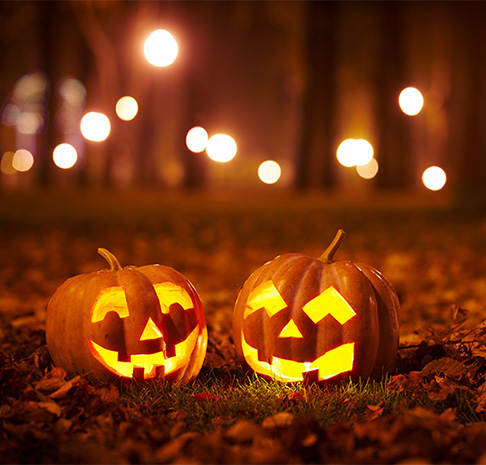 two jack o lanterns on leaf covered ground