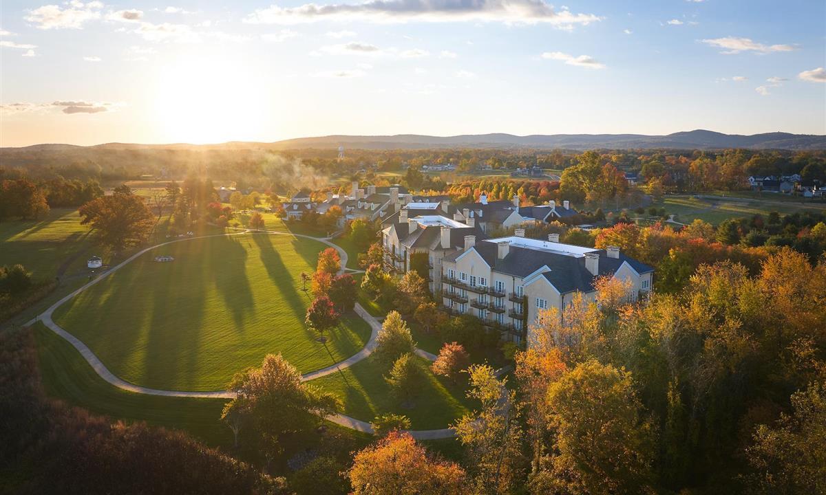 aerial exterior of resort at dusk